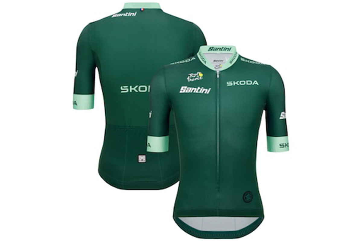 Das grüne Trikot der Tour de France mit Vorder- und Rückseite vor weißem Hintergrund.