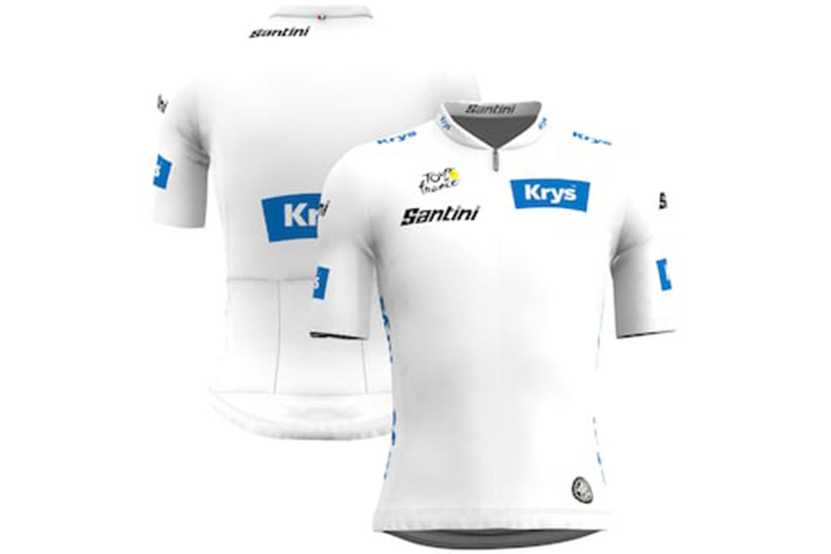 Das weiße Trikot der Tour de France mit Vorder- und Rückseite vor weißem Hintergrund.