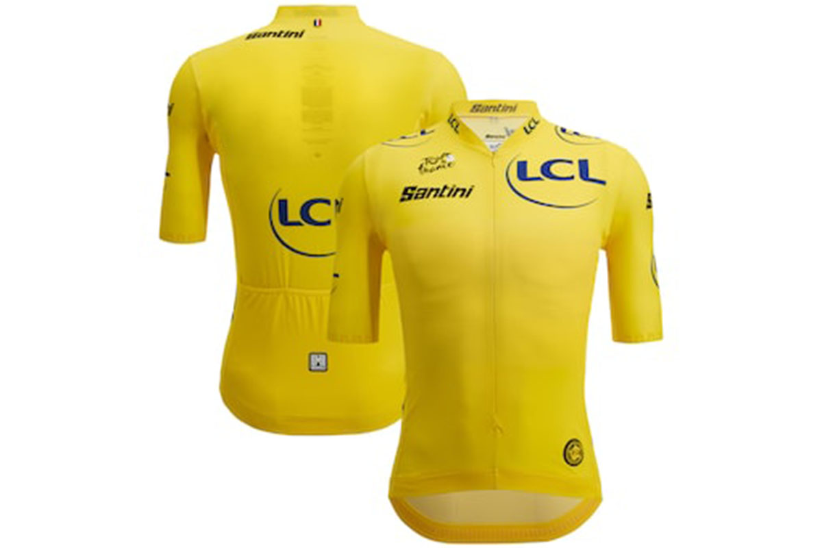 Das gelbe Trikot der Tour de France mit Vorder- und Rückseite vor weißem Hintergrund.