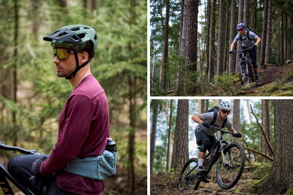 Dreigeteiltes Bild, auf allen dreien sieht man einen Mountainbikefahrer im Wald in verschiedenen Perspektiven
