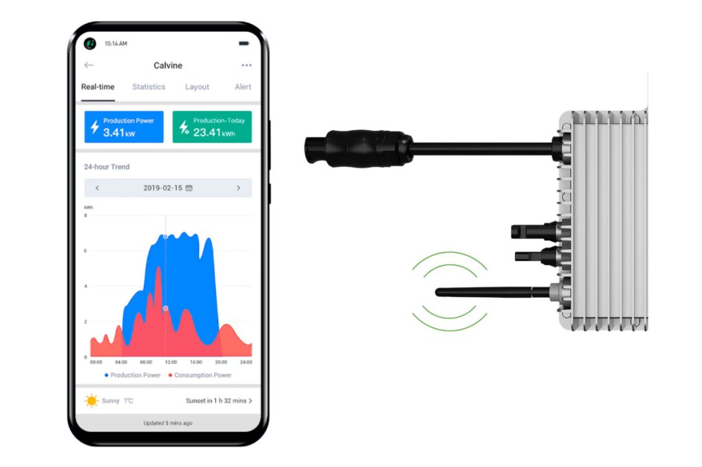 Smartphone von vorne zeigt bunte Kurvendiagramme in App neben Detail von Wechselrichter für Balkonkraftwerk auf weißem Hintergrund