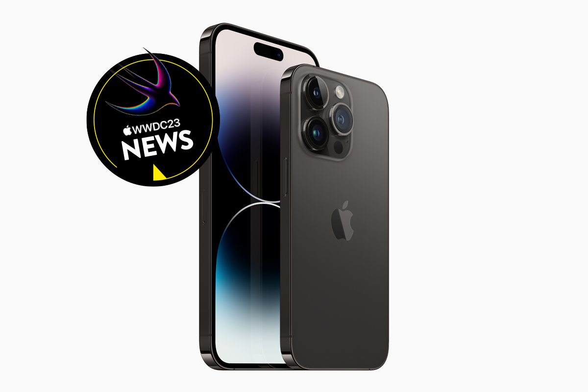 Zwei iPhones mit dem WWDC23-Logo vor einem hellen Hintergrund.