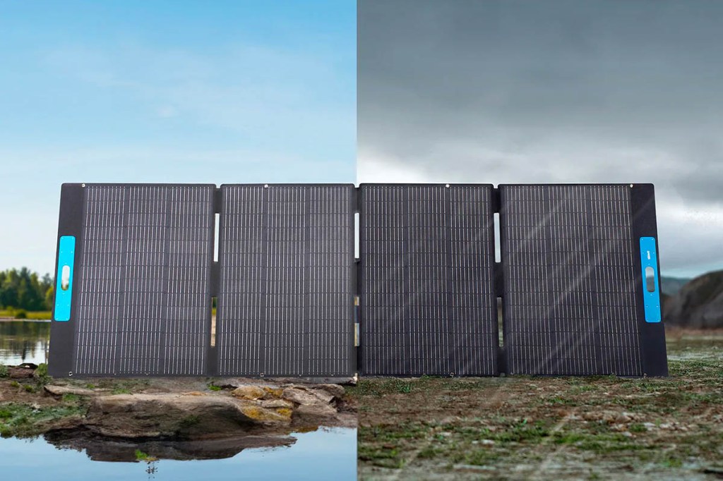 Das neue 400-Watt-Solarpanel von Anker mit sonnigem und regnersichem Hintergrund.