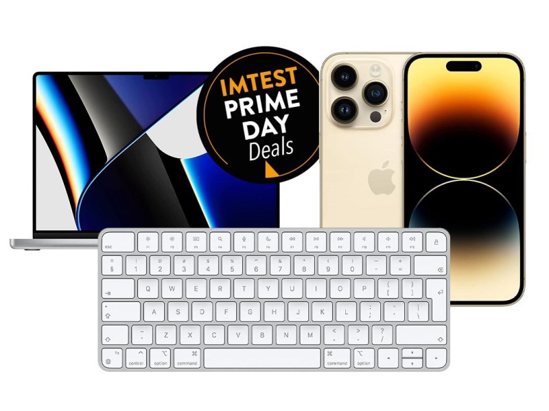 Ein iPhone, ein Macbook und eine Apple-Tastatur vor weißem Hintergrund.
