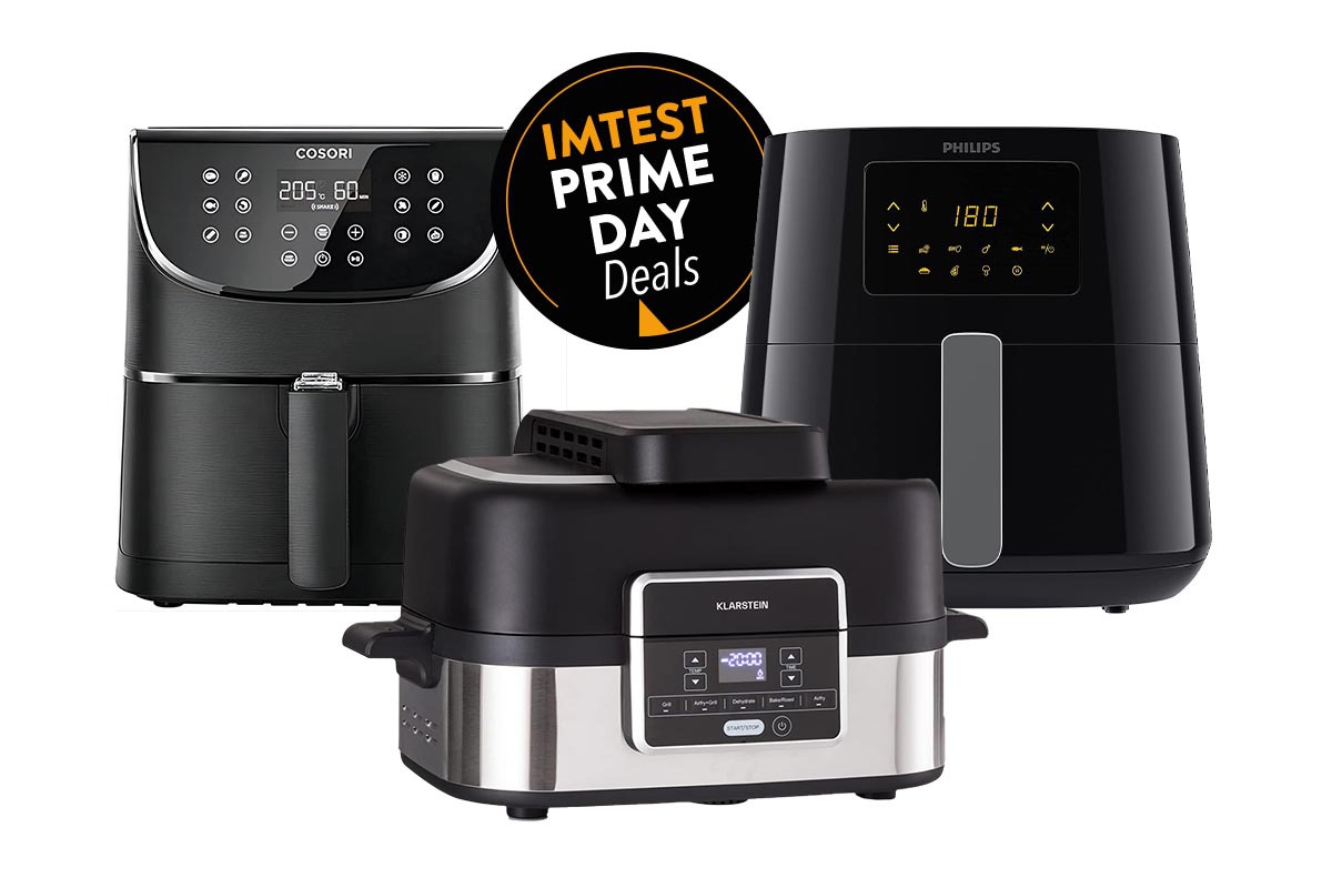 Drei Schwarze Heißluftfritteusen auf weißem Hintergrund mit schwarzem Button "IMTEST Prime Day Deals" oben mittig