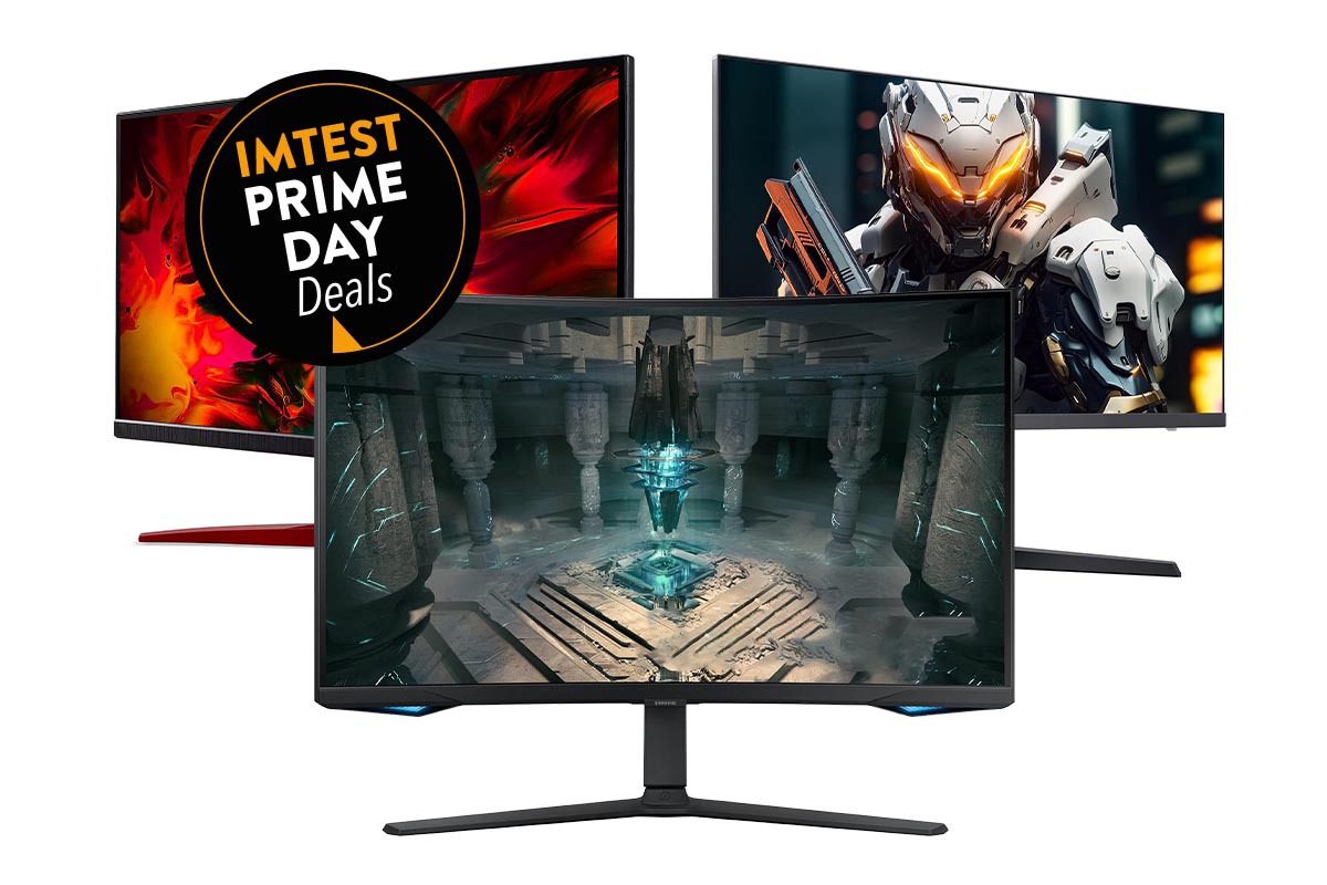 Drei Gaming-Monitore zu Dreieck vor weißem Hintergrund angeordnet mit je bunten Bildern auf Displays aus Spielen, links oben schwarzer Button mit "IMTEST Prime Day Deals"
