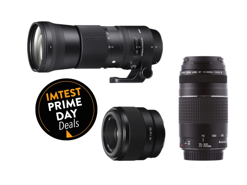 Drei schwarze unterschiedlich lange Objektive auf weißem Hintergrund mit schwarzem Button "Prime Day Deals"