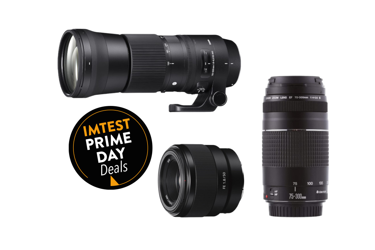 Drei schwarze unterschiedlich lange Objektive auf weißem Hintergrund mit schwarzem Button "Prime Day Deals"