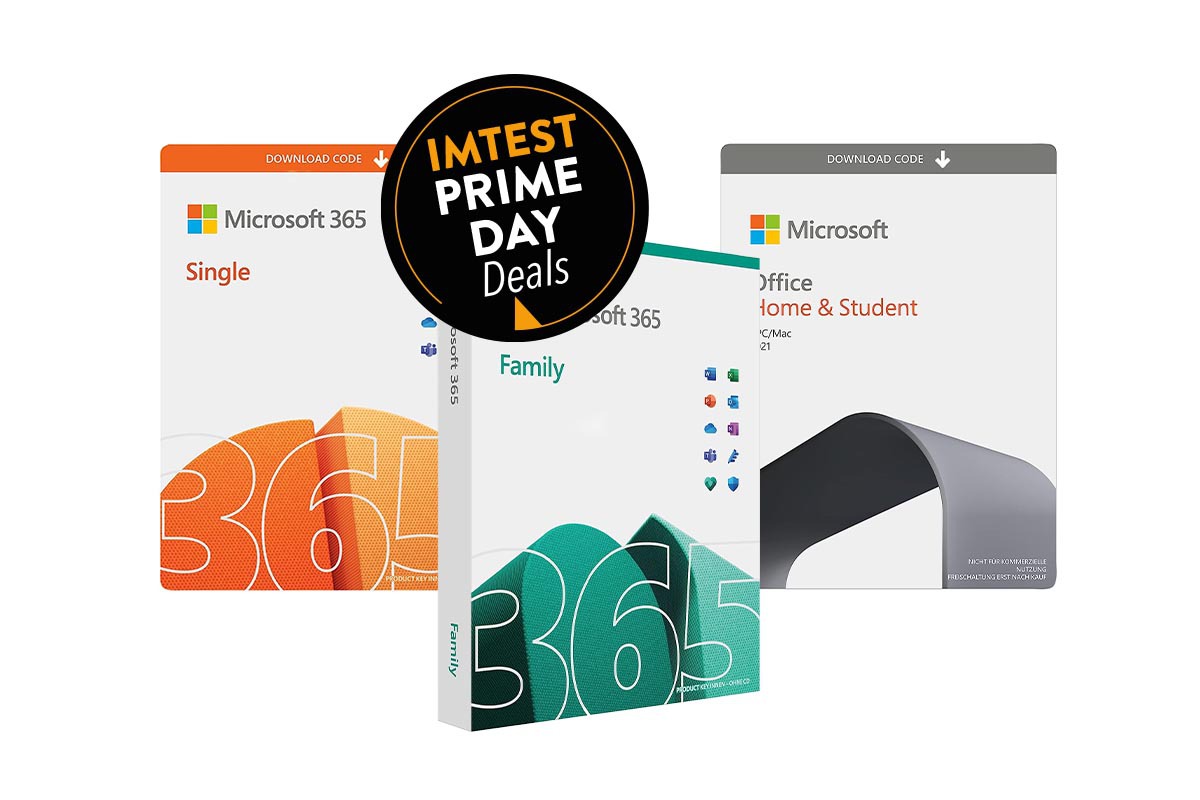 Microsoft Office Produkte auf weißem Hintergrund mit Prime Day Button