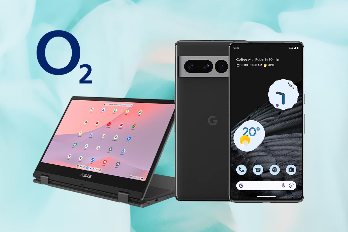 Google Pixel 7 Pro und Asus Chromebook vor türkisem Hintergrund