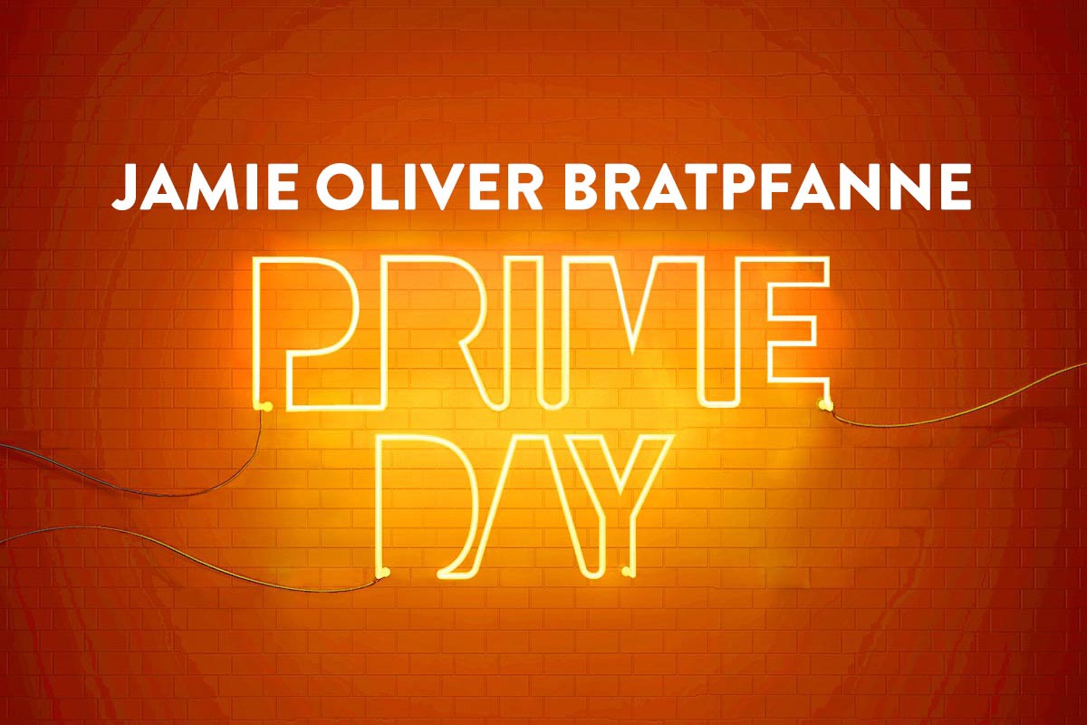 Schriftzug "Jamie Oliver Bratpfanne Prime Day" auf rot-orangenem Hintergrund