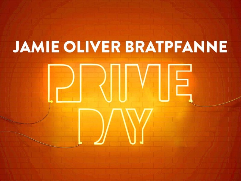 Schriftzug "Jamie Oliver Bratpfanne Prime Day" auf rot-orangenem Hintergrund