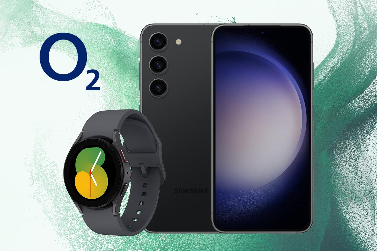 Samsung Galaxy S23 + Galaxy Watch 5 + O2 Logo vor grünem Hintergrund