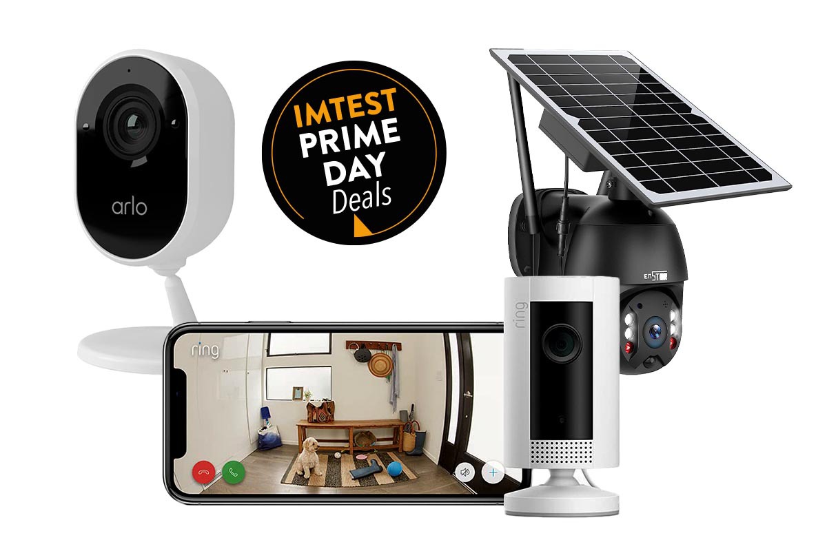 Drei unterschiedliche Überwachungskameras und waagerechtes Smartphone mit Bild von Raum auf weißem Hintergrund mit Button "IMTEST Prime Day Deals"