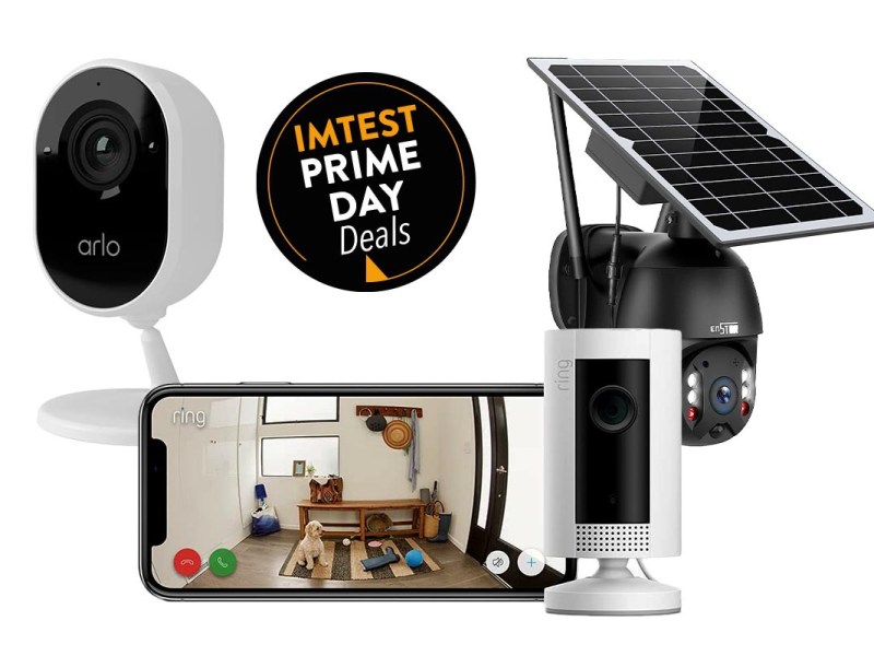 Drei unterschiedliche Überwachungskameras und waagerechtes Smartphone mit Bild von Raum auf weißem Hintergrund mit Button "IMTEST Prime Day Deals"