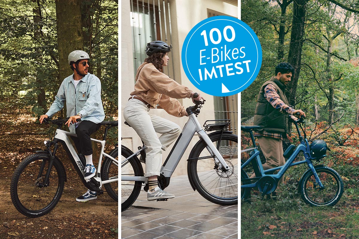 Drei E-Bikes verschiedener Hersteller auf einem dreigeteiltem Bild.