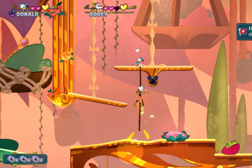 Sreenshot zum Videospiel Disney Illusion Island. Goofy klettert ein Seil hoch.