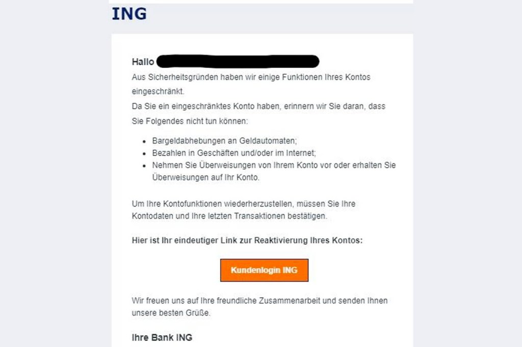 Eine Phishing-Mail an die ING-Kundschaft mit geschwärzter Anrede
