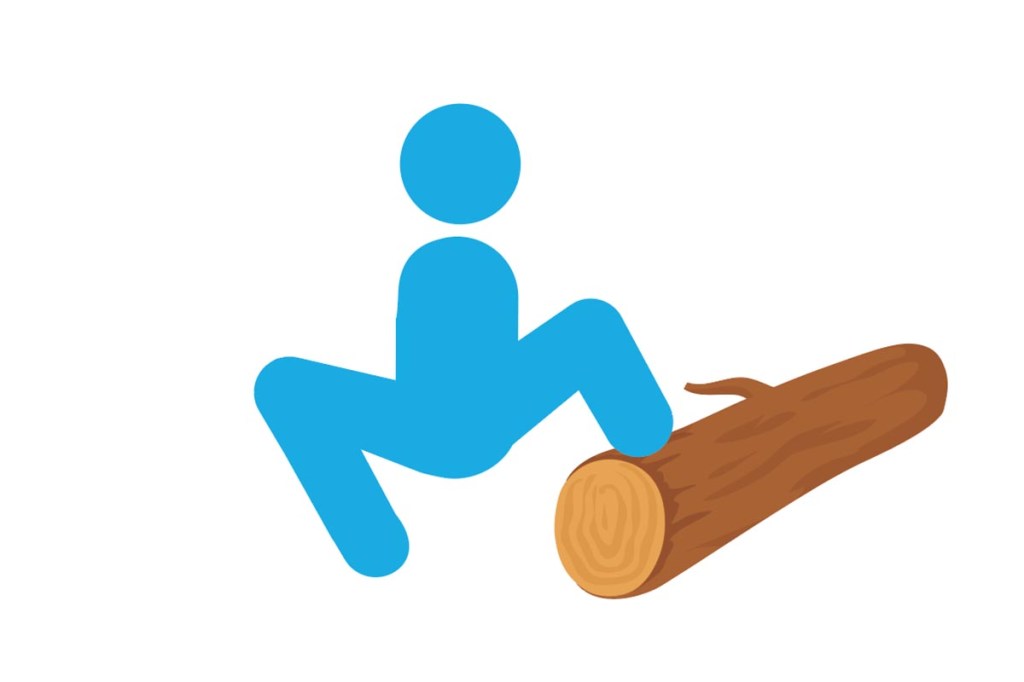 Grafik: Blaues Männchen hockt mit einem Bein auf einem Baumstamm, das andere Bein ist auf dem Boden