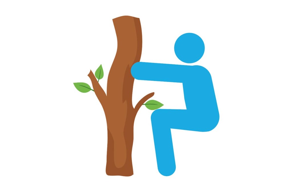 Grafik blaues Männchen hält sich hockend an einem Baum fest