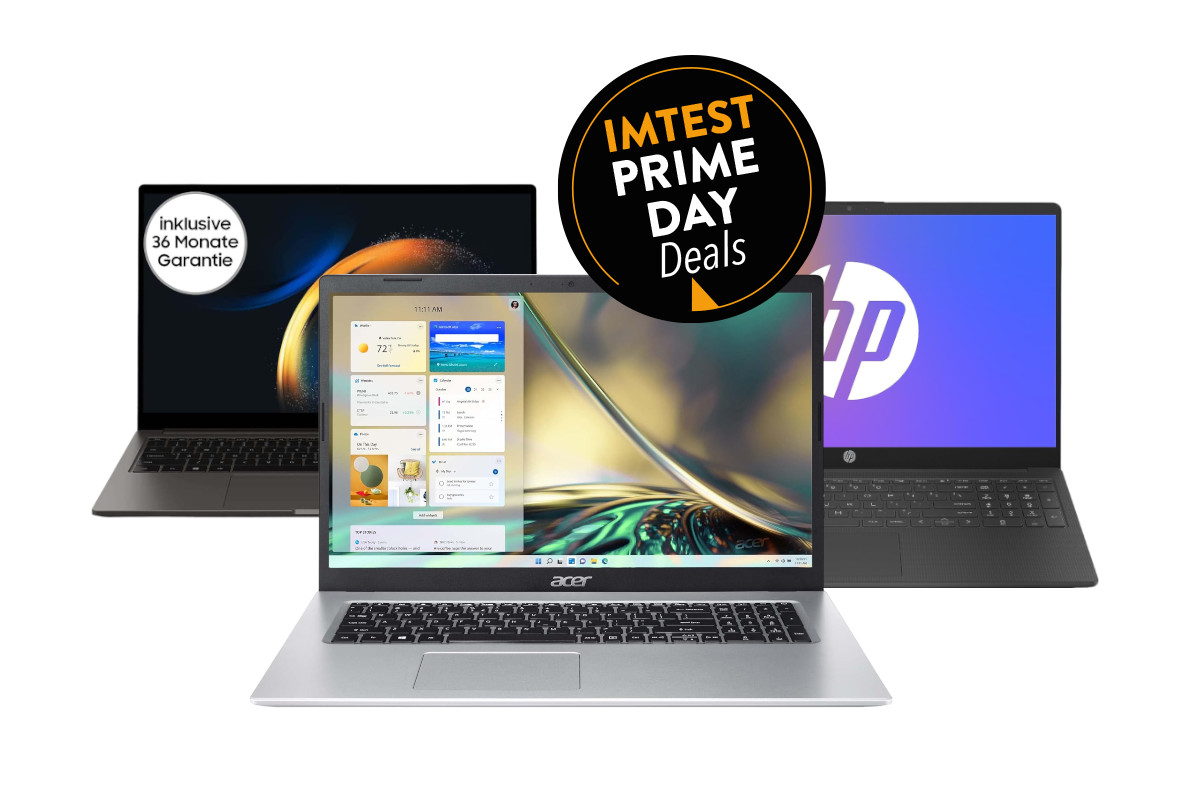 Drei aufgeklappte Notebooks von vorne, eins im Vordergrund die zwei anderen versetzt dahinter auf weißem Hintergrund mit schwarzem Button: "IMTEST Prime Day Deals"