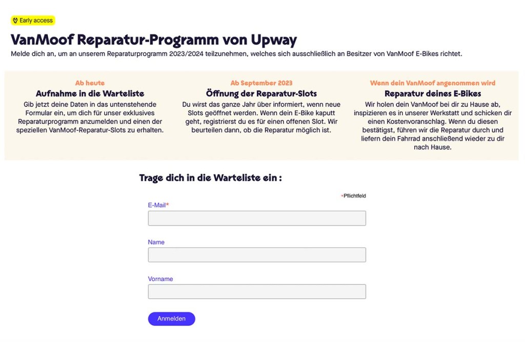 Screenshot von Upway-Homepage, wo Kunden sich für Reparaturservice eintragen können