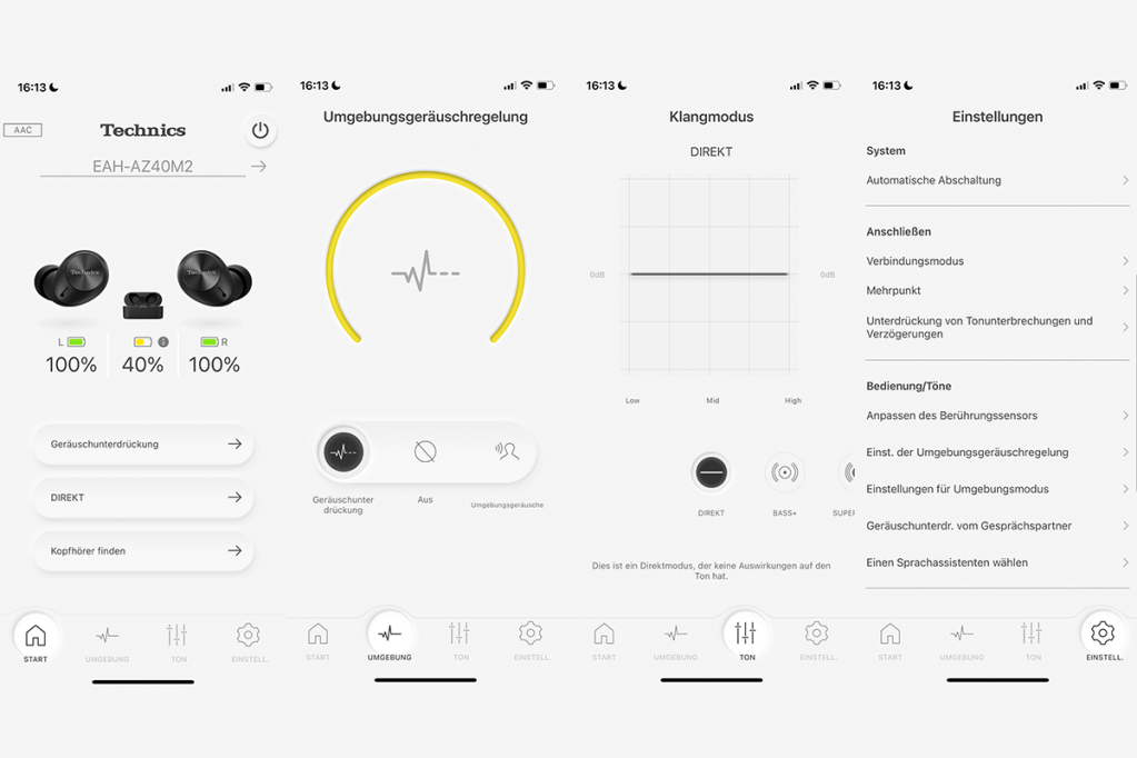 Smarthphone App für Technics-Inears nebeneinander angeordnet.