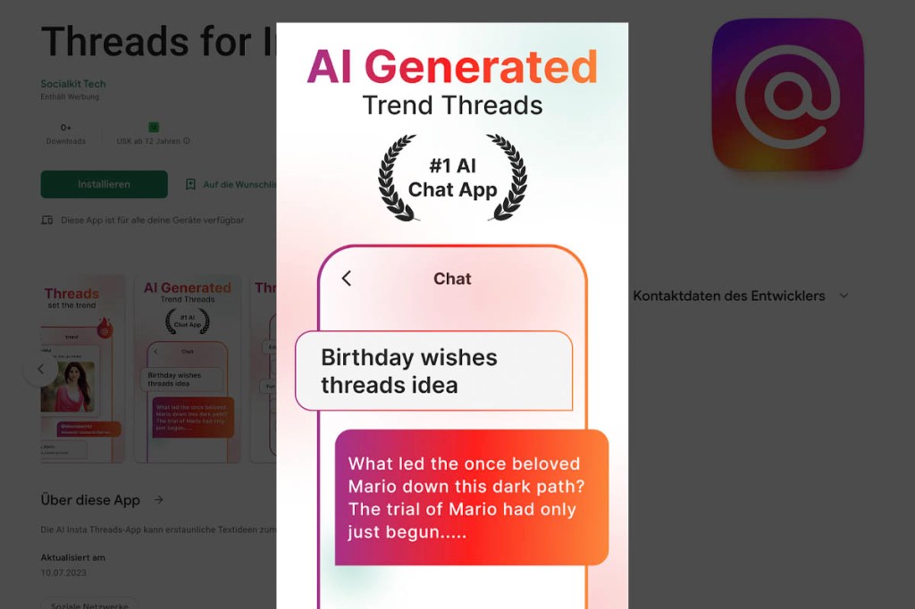 Screenshot der Threads for Insta Werbung aus dem Playstore