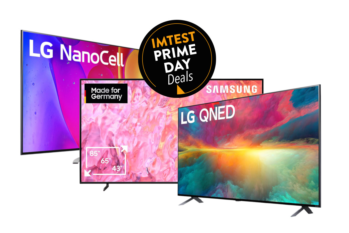 Drei Fernseher von LG und Samsung in nach unten versetzter Dreier-Reihe angeordnet auf weißem Hintergrund mit schwarzem Button oben mittig "IMTEST Prime Day Deals"