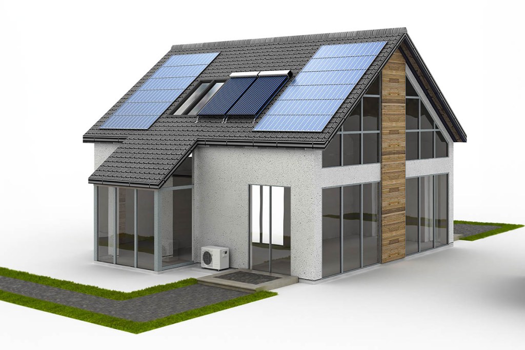 Ein schematisches Haus mit Wärmepumpe und Solaranlage.