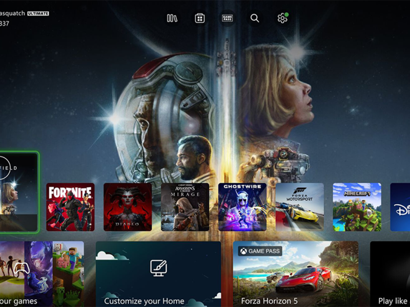 Das neue Xbox-Hauptmenü mit einem Starfield-Hintergrund.