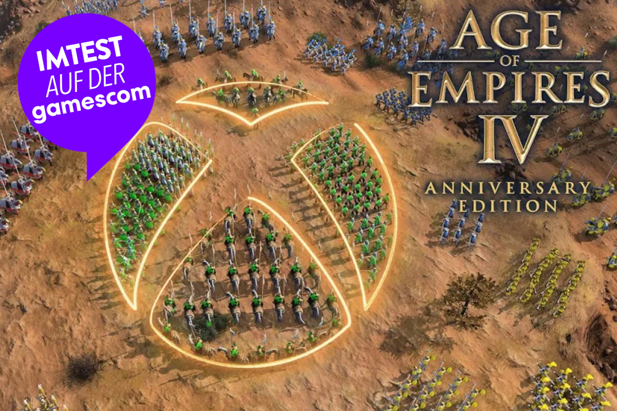 Szene auf Age of Empires 4 mit Truppen in Form des Xbox-Logos aufgestellt.