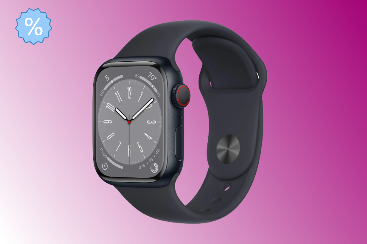 Dunkle Apple Watch 8 schräg von vorne auf lila weißem Hintergrund mit gelben Prozentzeichen oben rechts