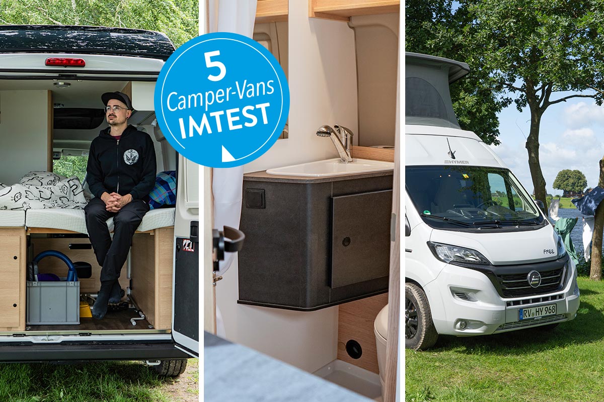 Dreigeteiltest Bild, das einen Mann in einem Camper Van, eine Inneneinrichtung eines Camping-Kastenwagens und einen Camper-Van auf einem Campingplatz zeigt.