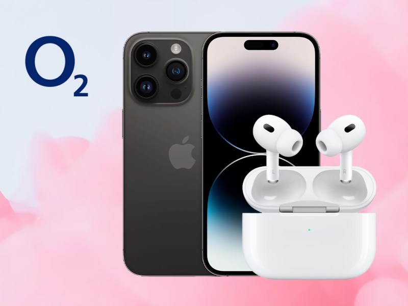 iPhone 14 Pro in schwarz + AirPods Pro vor rosa Hintergrund