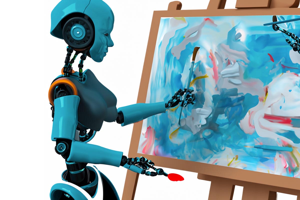 KI-generiertes Bild von einem Roboter, der auf einer Leinwand malt.