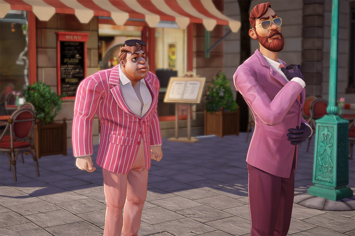 Ein Bild vom neuen Spiel Baphomets Fluch - Der Gral des Parzival. Man sieht zwei Männer in pinken Jackets.