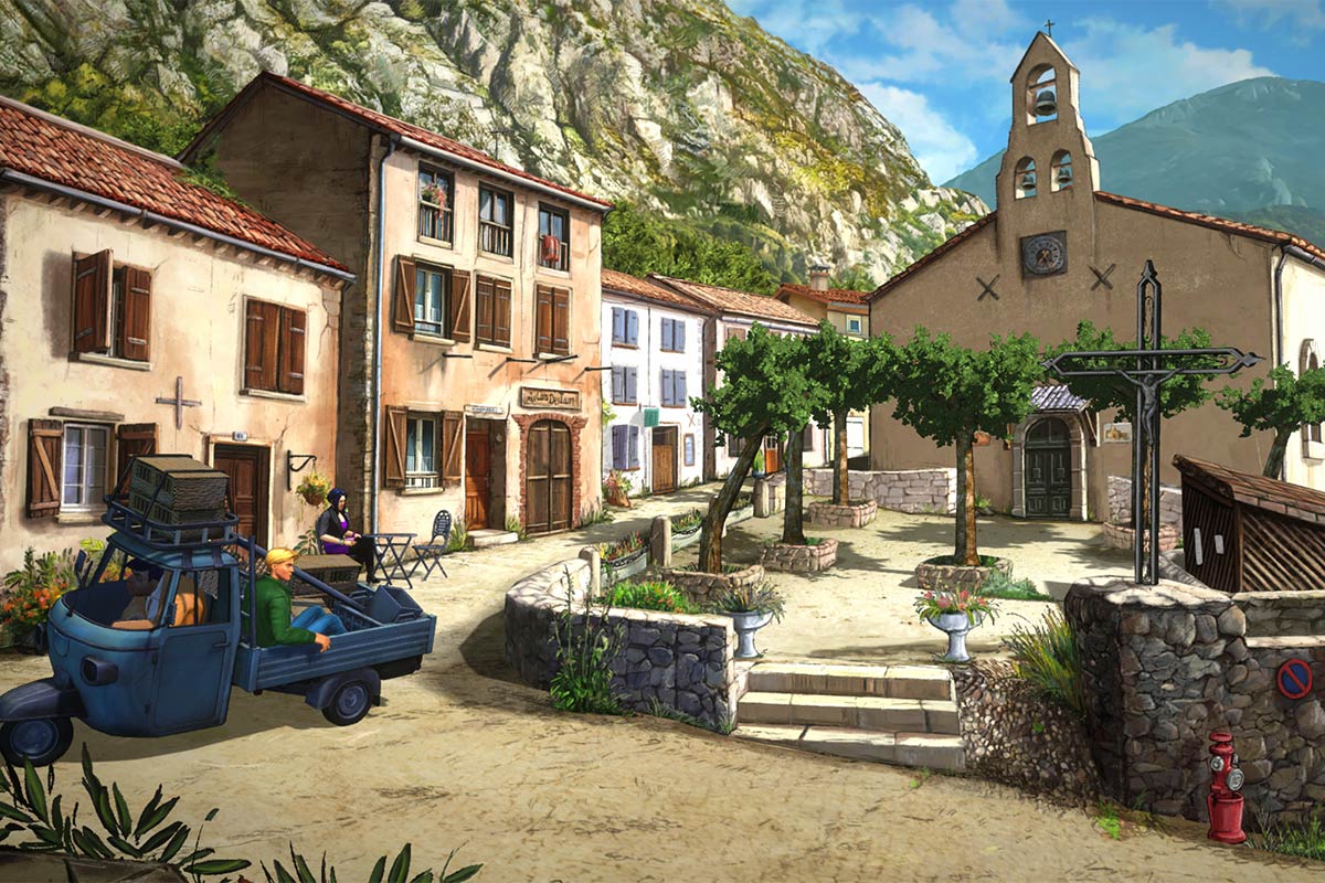 Ein Screenshot vom Spiel Baphomets Fluch - Der Gral des Parzival. Man sieht ein Dorf in den Pyrenäen.