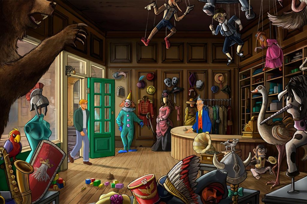 Ein Bild vom Spiel Baphomets Fluch - Die Verschwörung der Tempelritter: Reforged Edition. Man sieht einen Kostüm-Shop.
