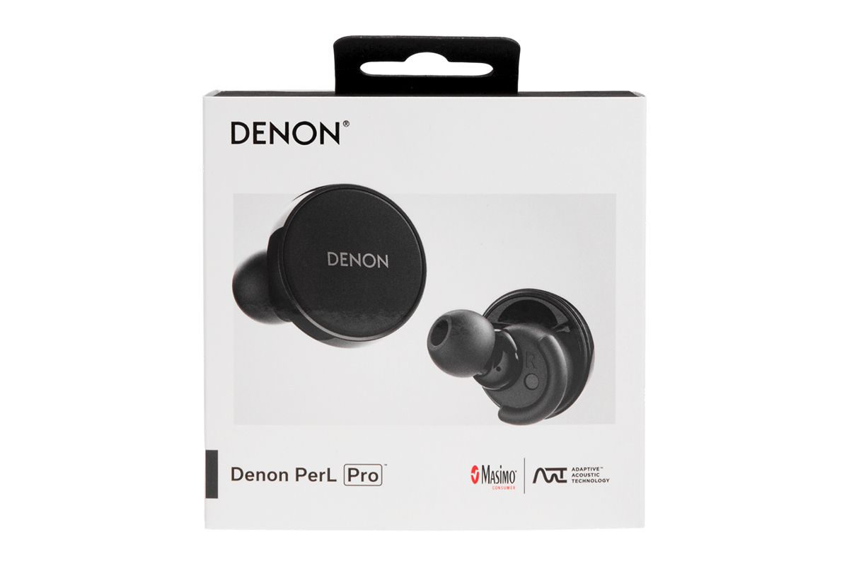 Bild des Earbud-Ohrhörers Perl Pro von Denon, mit Verpackung wie im Handel.