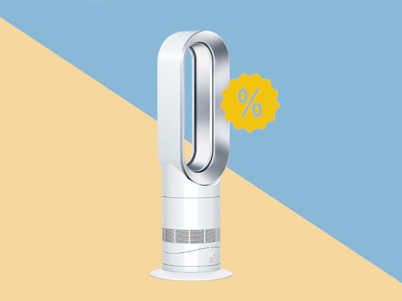 Weißer Dyson-Heizlüfter und Turmventilator schräg von vorne auf gelb blauem Hintergrund mit gelben Prozentzeichen rechts mittig