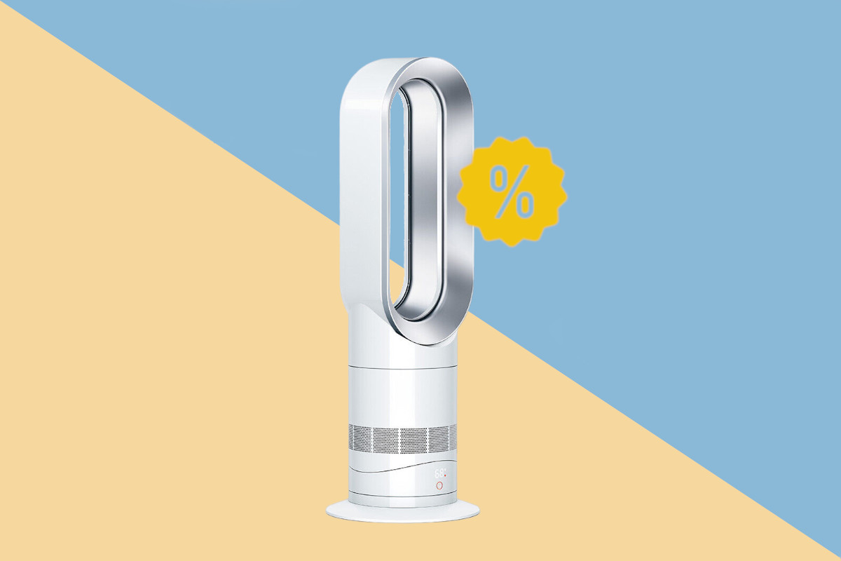 Weißer Dyson-Heizlüfter und Turmventilator schräg von vorne auf gelb blauem Hintergrund mit gelben Prozentzeichen rechts mittig