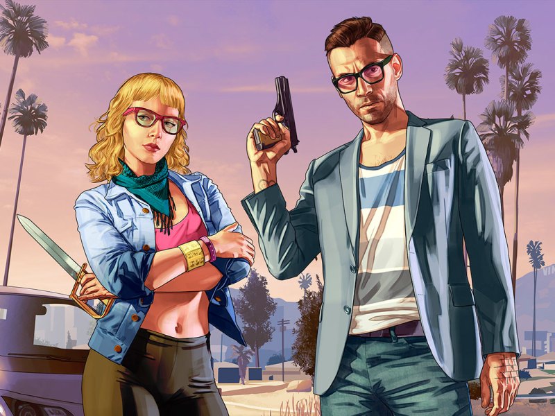 Artwork des Videospiels GTA5, das zwei Figuren zeigt - eine Frau mit Messer steht links, ein Mann mit Brille rechts.