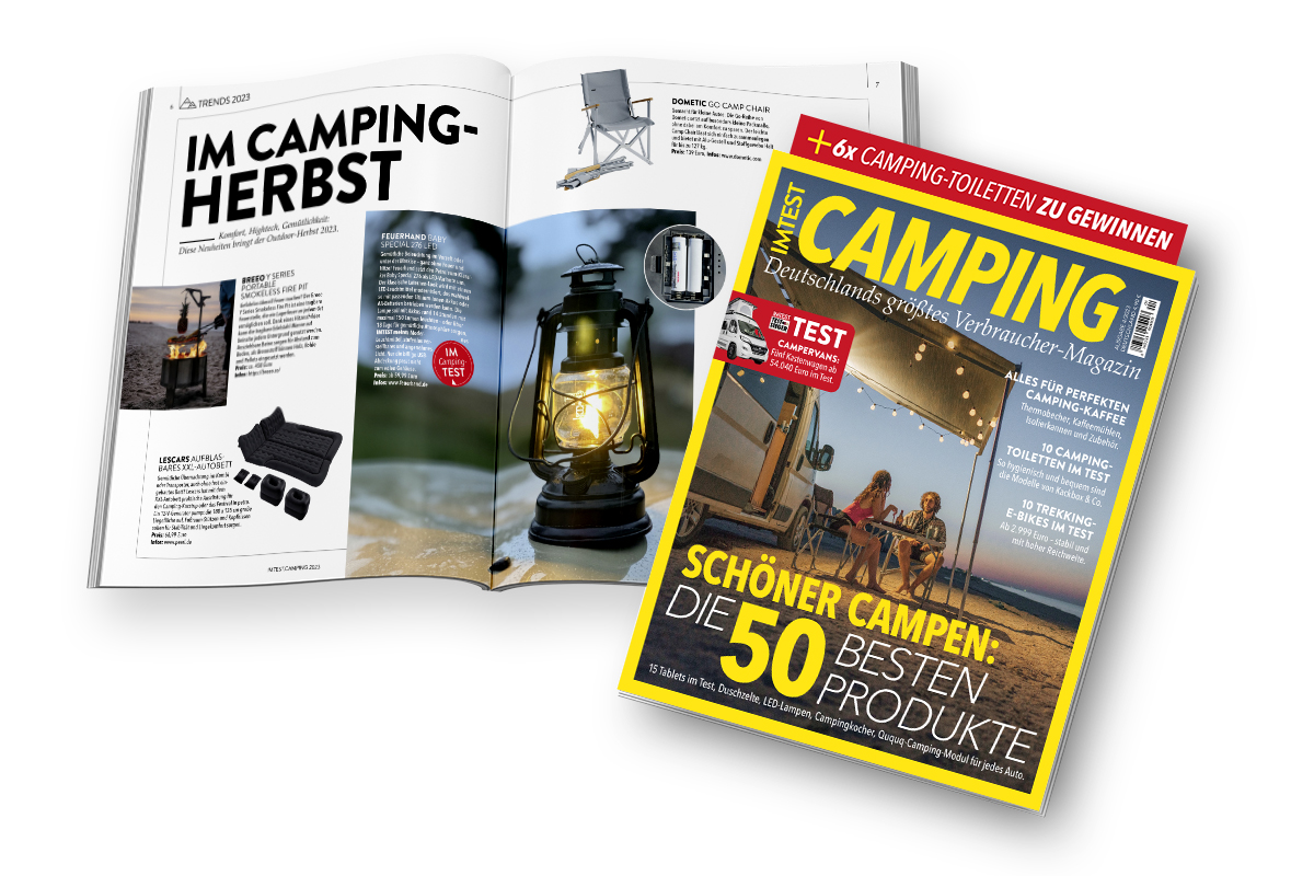 Cover und Beispiel-Doppelseite des neuen Magazins IMTEST Camping.