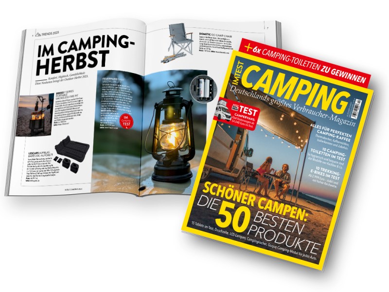 Cover und Beispiel-Doppelseite des neuen Magazins IMTEST Camping.