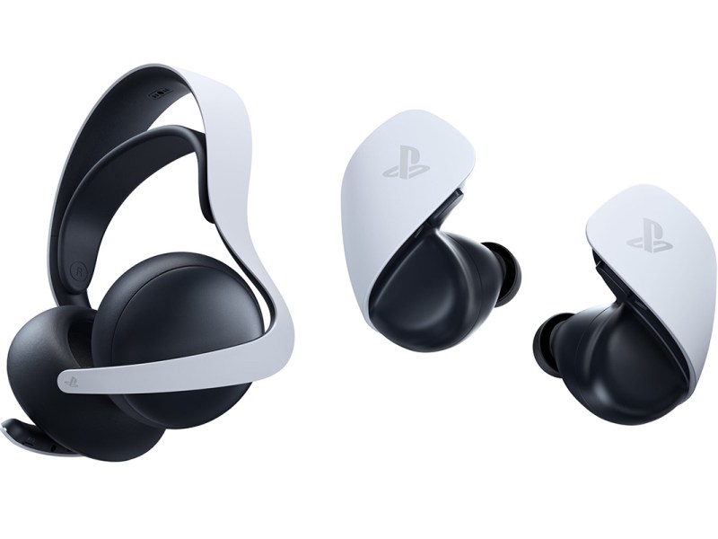 Schwarz-weißes Headset und ähnlich designte In-Ear-Kopfhörer der Marke PlayStation.