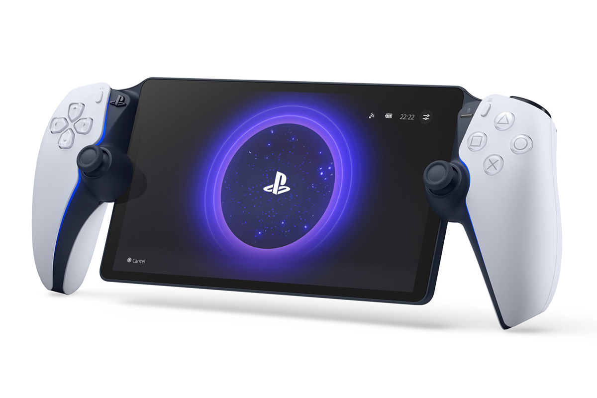 Abbildung des Handhelds PlayStation Portal Remote Player, mit PlayStation-Logo.