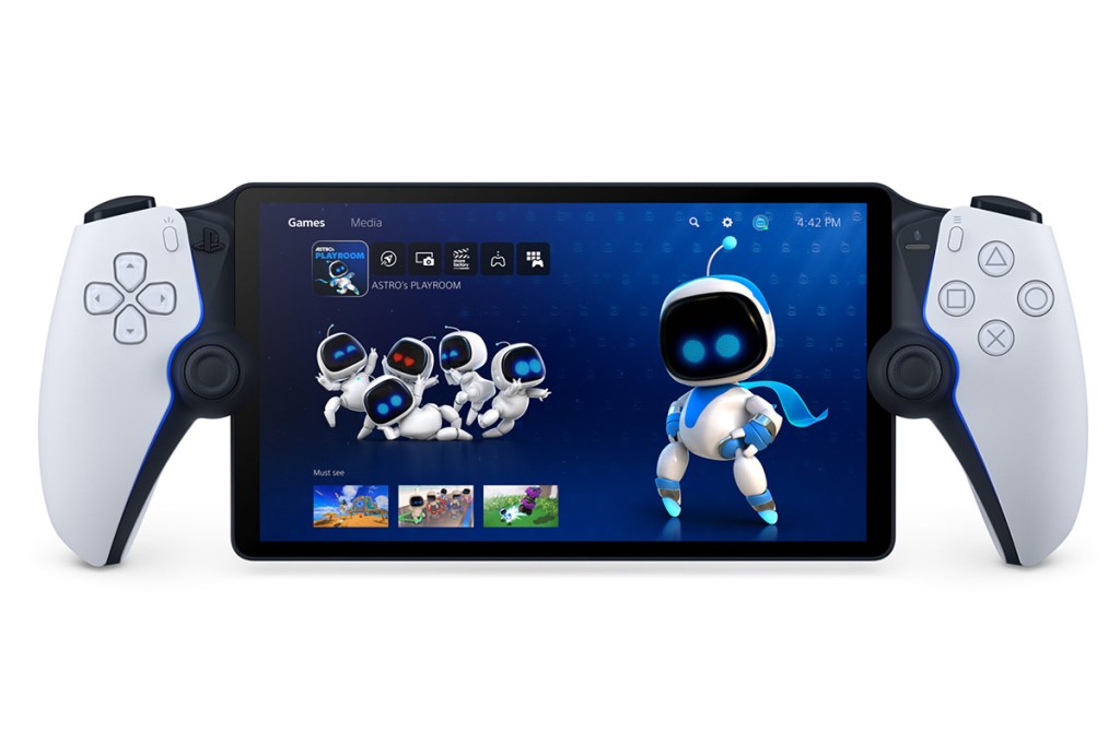 Bild des PlayStation Portal Remote Player, frontal mit kleinen Robotern auf dem Bildschirm.