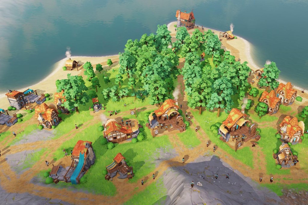 Blick auf eine Siedlung im Spiel Pioneers of Pagonia. In der Mitte ein Wald am Meer, darum verschiedene Gebäude.