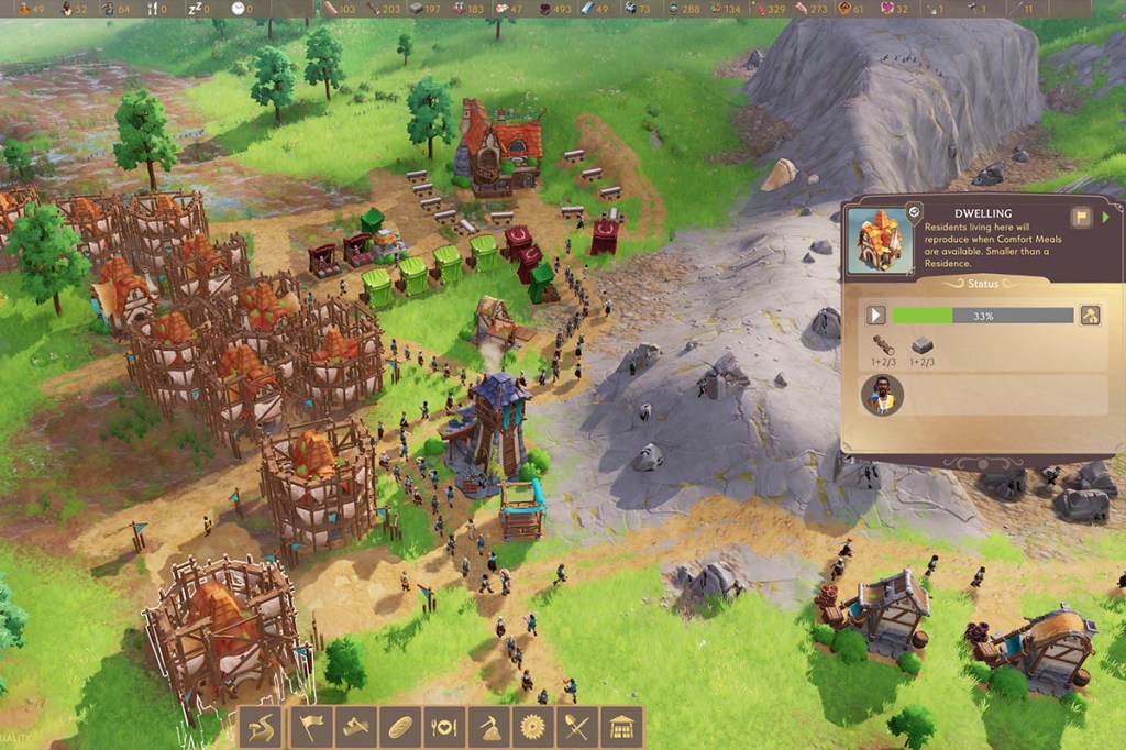 Screenshot des Spiels Pioneers of Pagonial. Links viele eingerüstete Baustellen, auf der Straße viele Träger mit Waren.